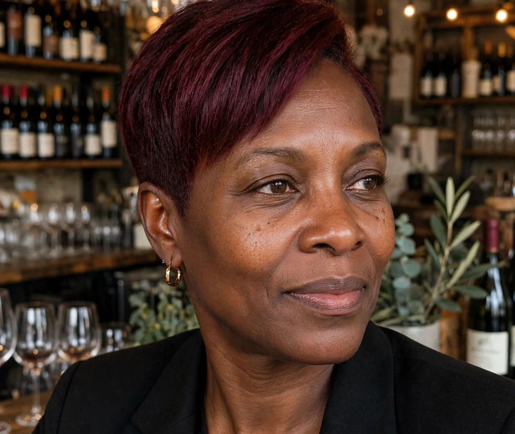 Black woman with a burgundy tapered haircut in a wine bar