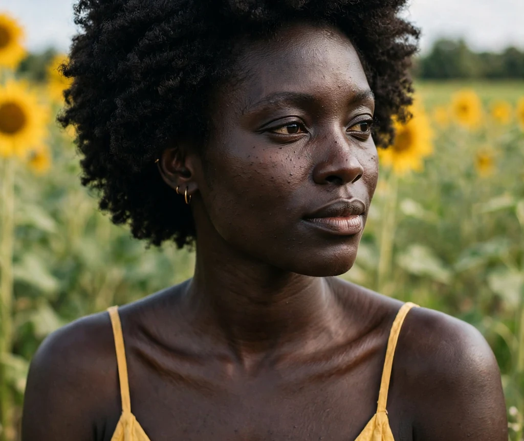 Black woman with a short coily fro in a sunflower field
