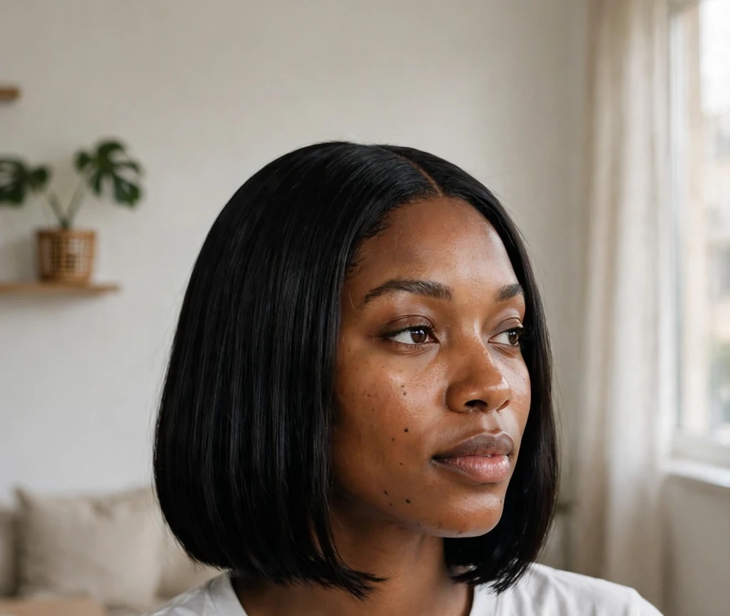 Black woman with a jet-black sleek bob in a minimal apartment
