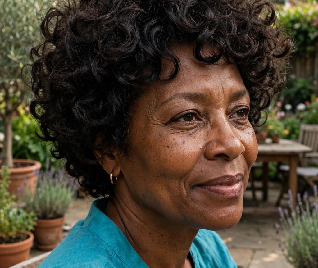 Black woman with a voluminous curly pixie on a garden patio