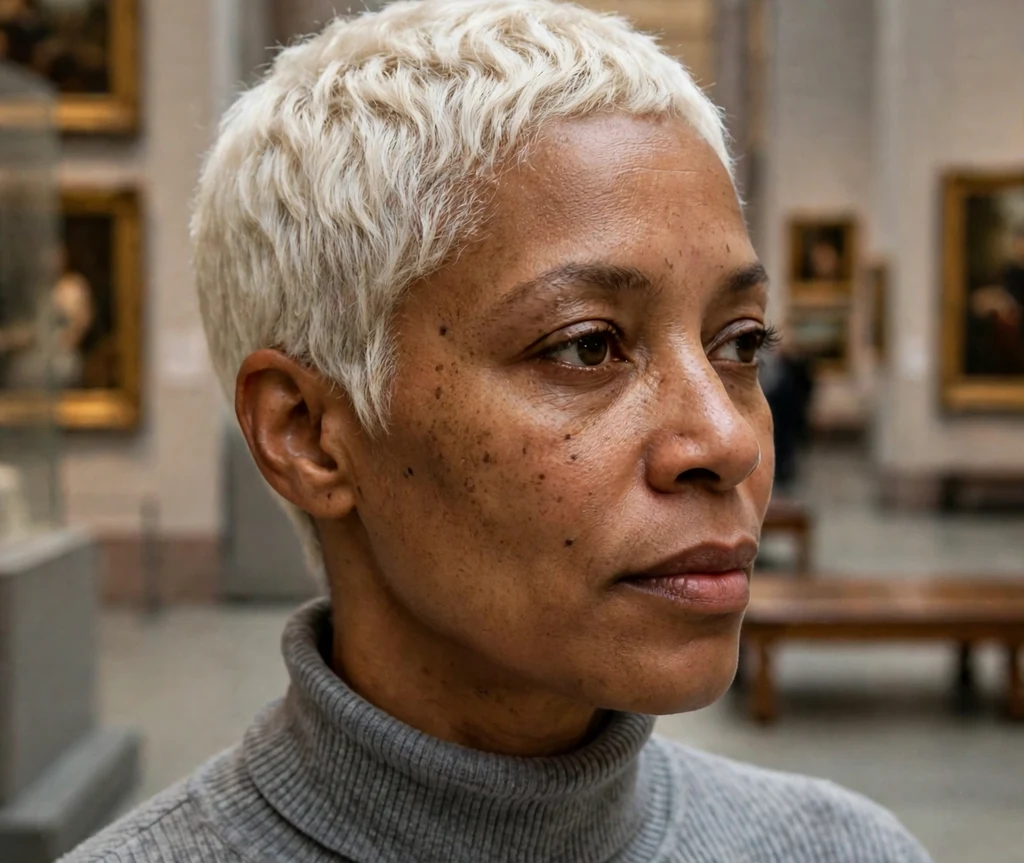 Black woman with a platinum short crop in an art museum