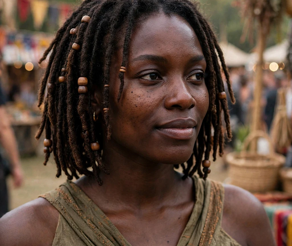 Black woman with a bob-length dreadlock hairstyle at a festival