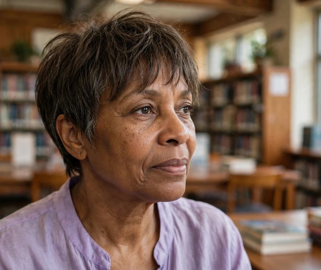 Black woman with a wispy bang pixie in a library