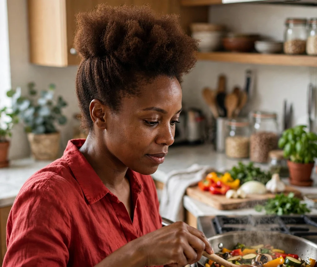 Black woman with a chocolate-brown tapered fro in a kitchen