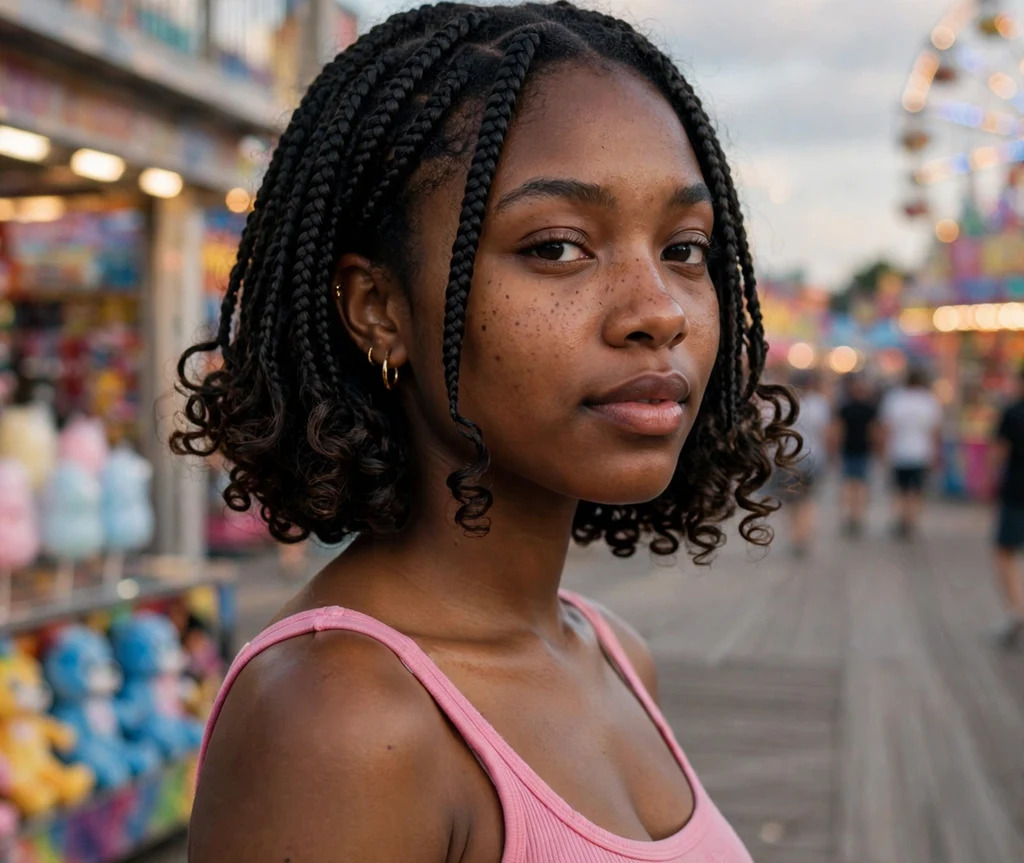 Black woman with a short braided bob at a boardwalk carnival