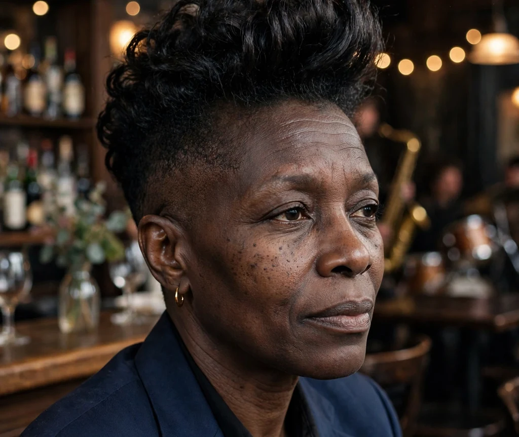 Black woman with a pompadour pixie in a jazz club