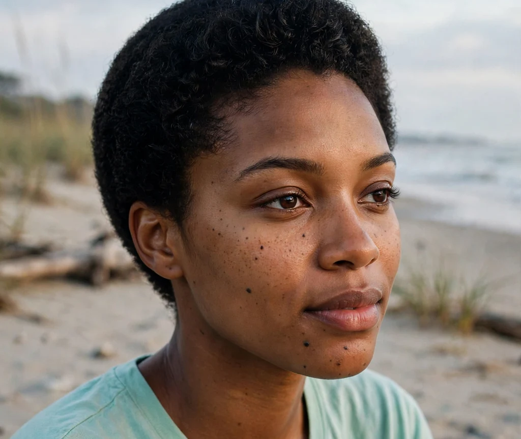 Black woman with a rounded natural hairstyle on a beach