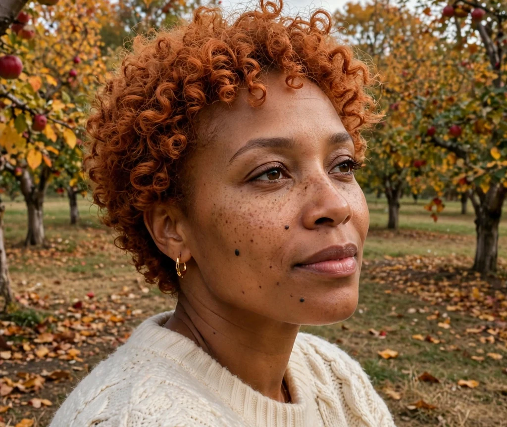 Black woman with ginger short curls in a fall orchard