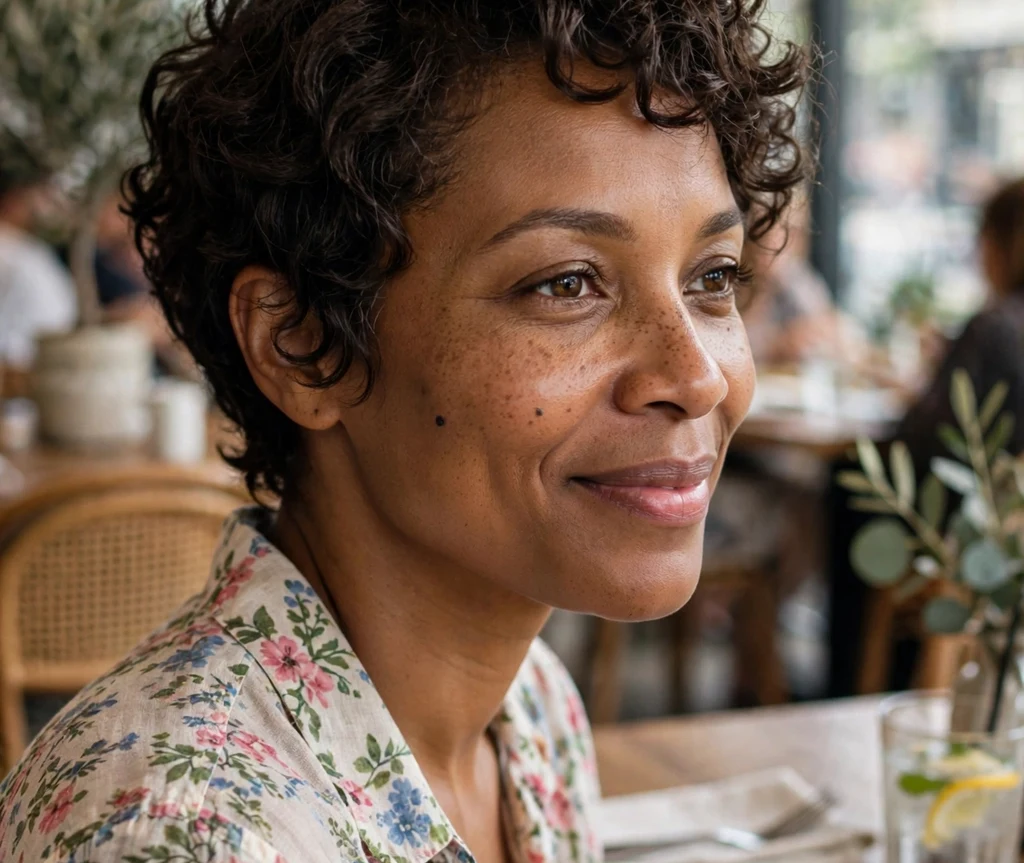 Black woman with a soft curly pixie at a brunch restaurant