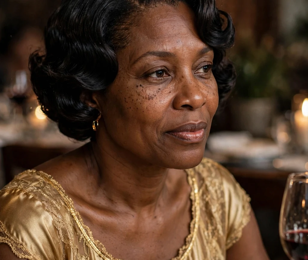 Black woman with elegant short finger waves at a candlelit dinner