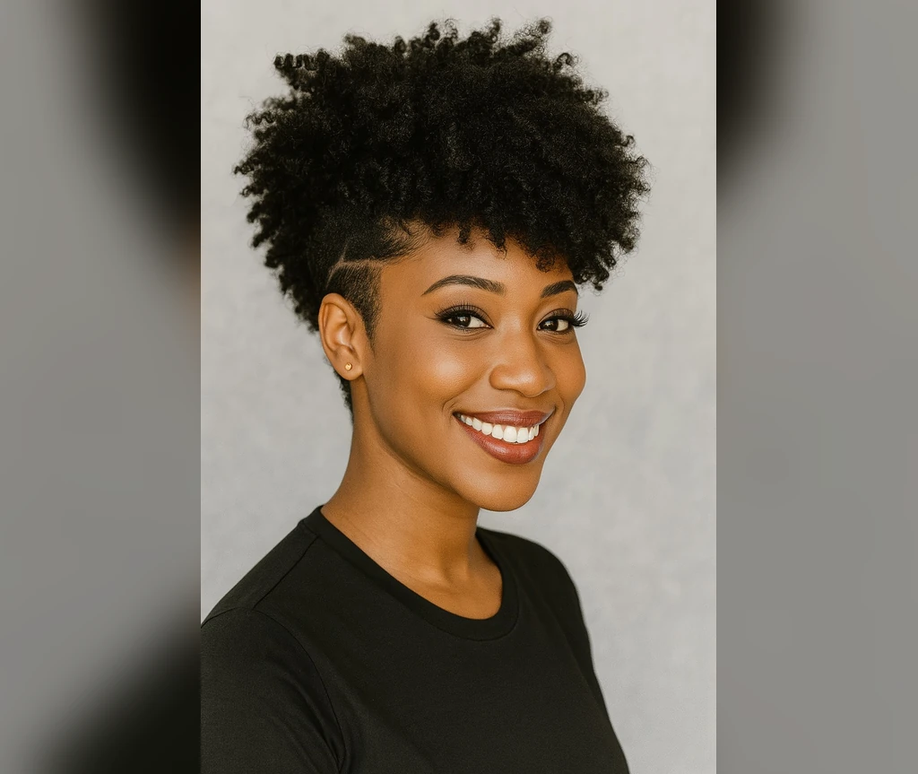 Afro puff top with tapered sides on a smiling Black woman
