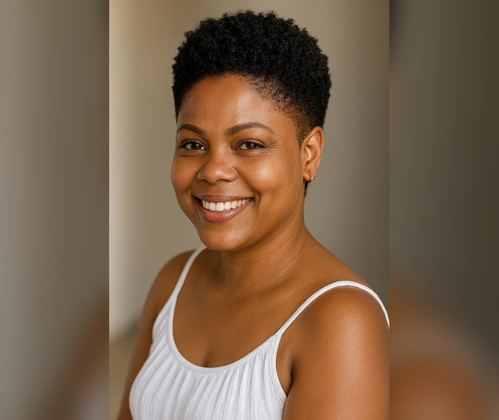 Textured short crop on a smiling Black woman in a white top