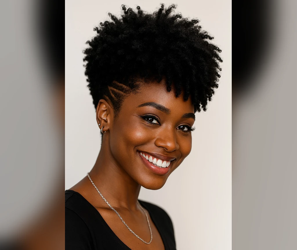 Frohawk on a Black woman with designs in the tapered sides