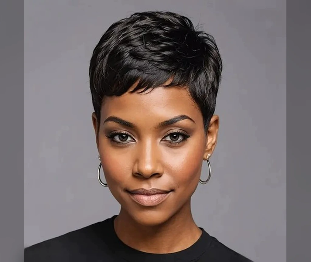 Pixie with a soft fringe on a Black woman wearing hoops