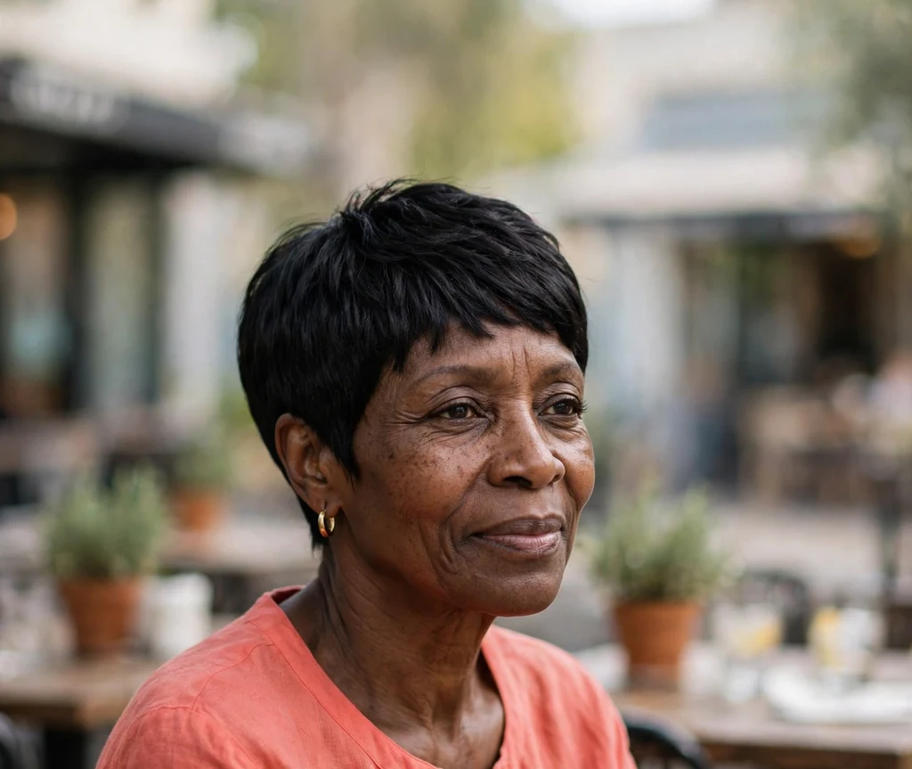 Black woman over 50 with a classic tapered pixie haircut