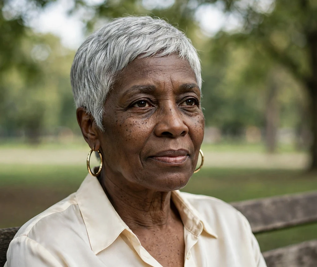 Black woman over 50 with a silver gray pixie haircut