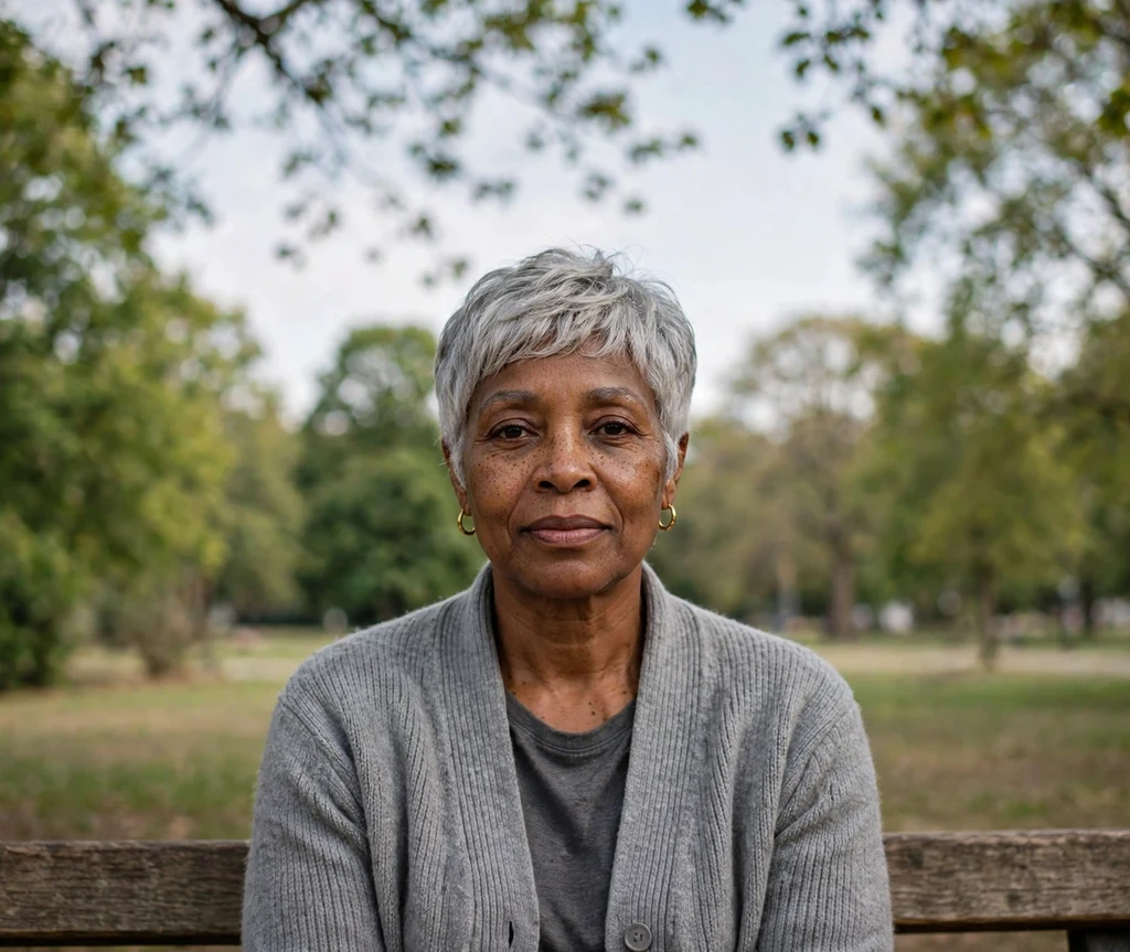 Black woman over 50 with a silver gray pixie haircut