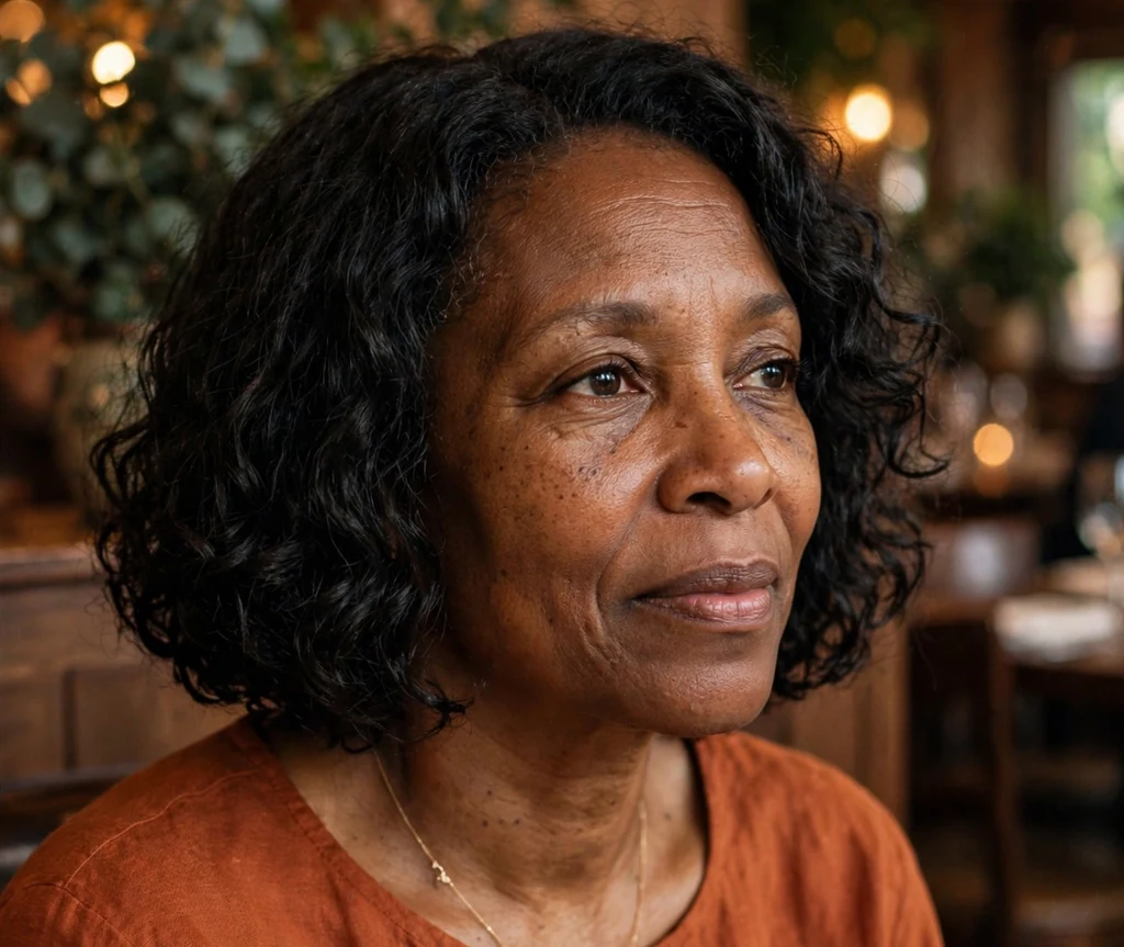 Black woman over 50 with a short curly bob