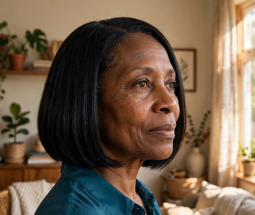 Black woman over 50 with a silk press bob