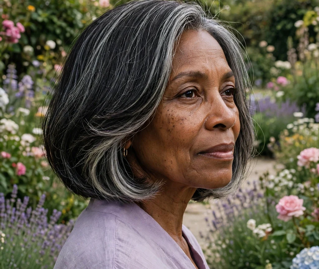 Black woman over 50 with a gray-blended bob