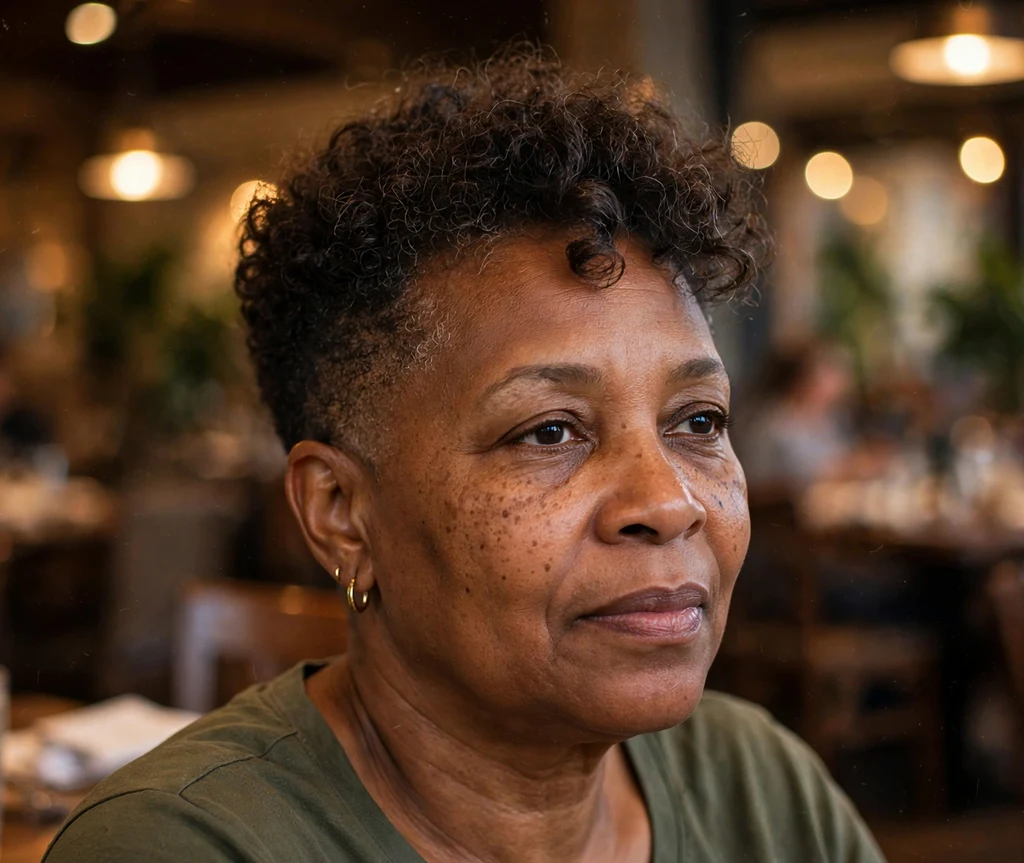 Black woman over 50 with a tapered cut and curls on top