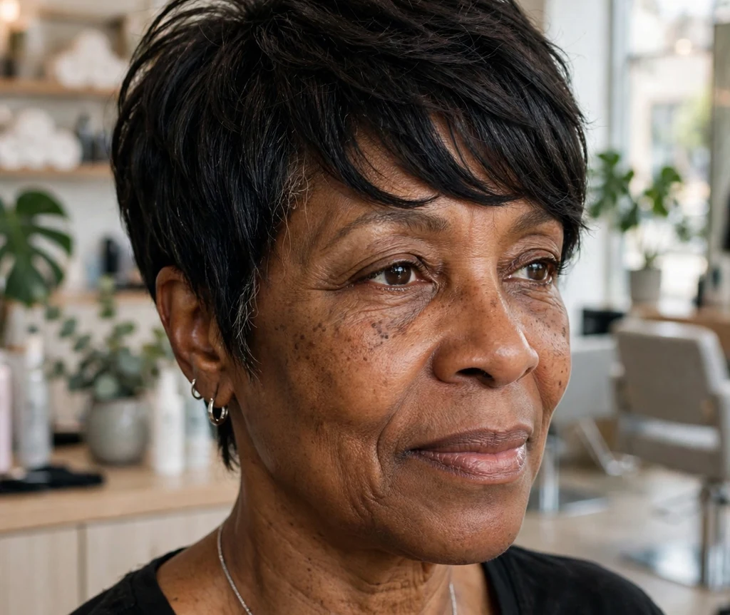 Black woman over 50 with a textured pixie and side-swept bangs