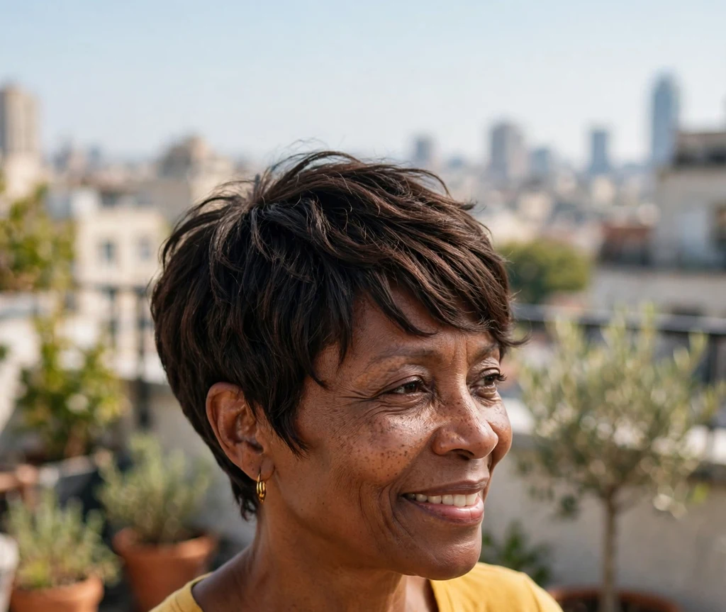 Black woman over 50 with a textured pixie and side-swept bangs