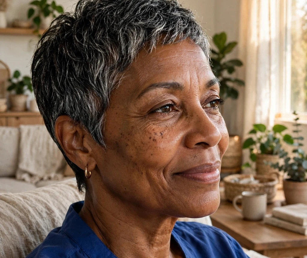 Black woman over 50 with a salt-and-pepper pixie