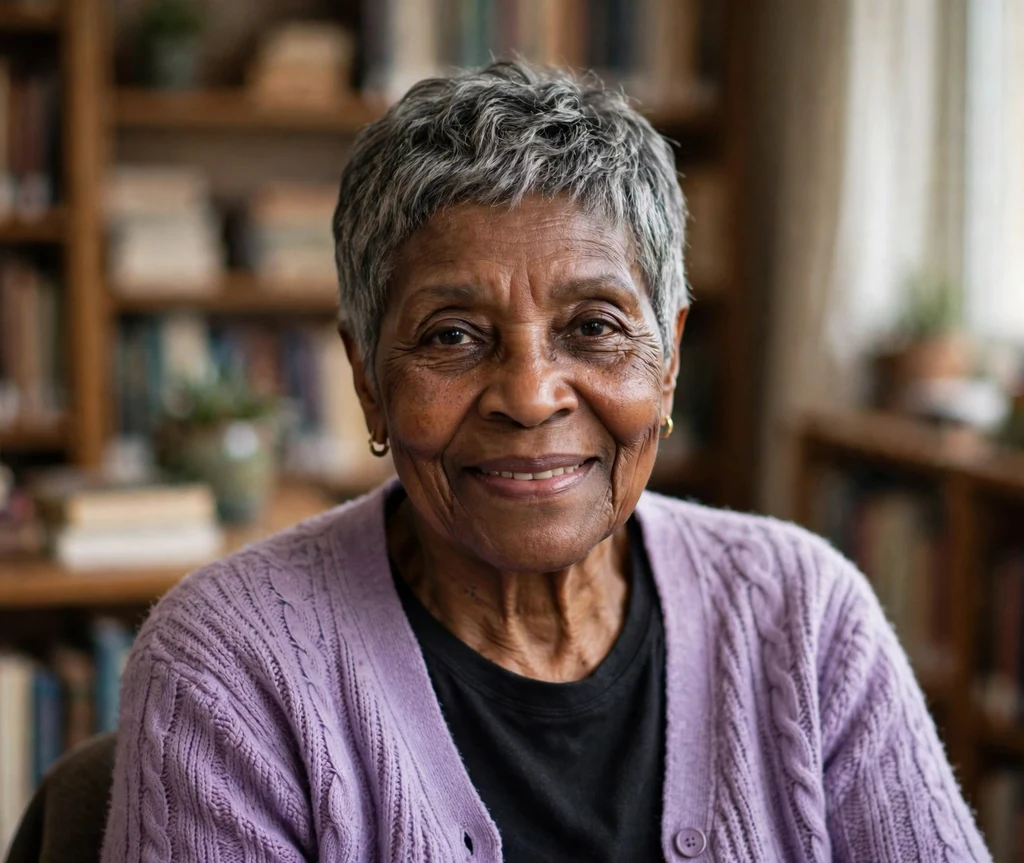 Black woman over 50 with a salt-and-pepper pixie