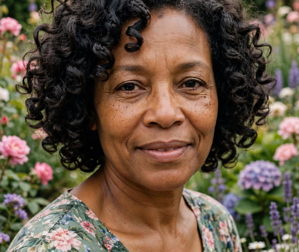 Black woman over 50 with short crochet curls