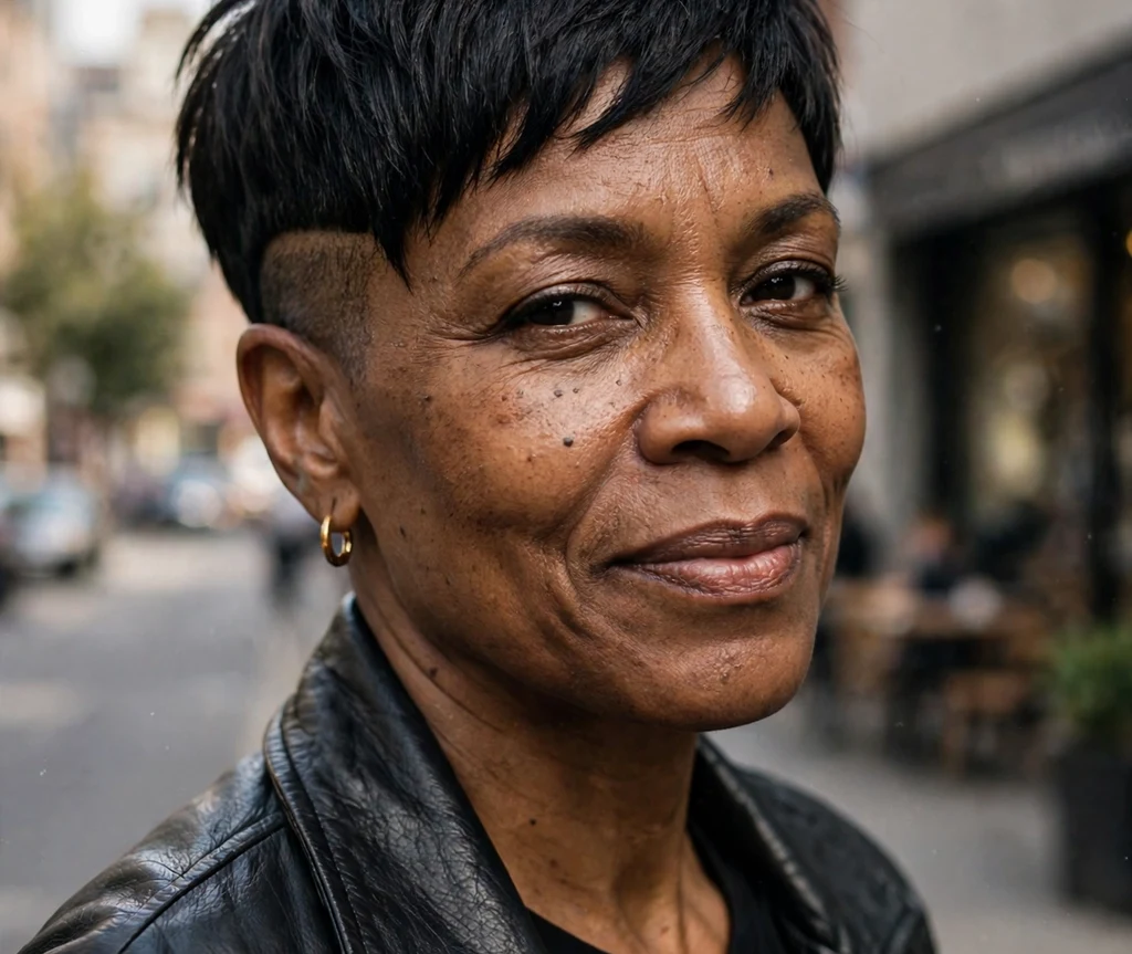 Black woman over 50 with an edgy undercut pixie