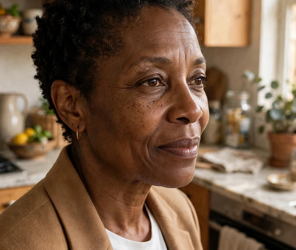 Black woman over 50 with a natural coily pixie