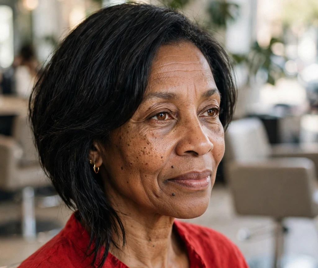 Black woman over 50 with an asymmetrical short bob
