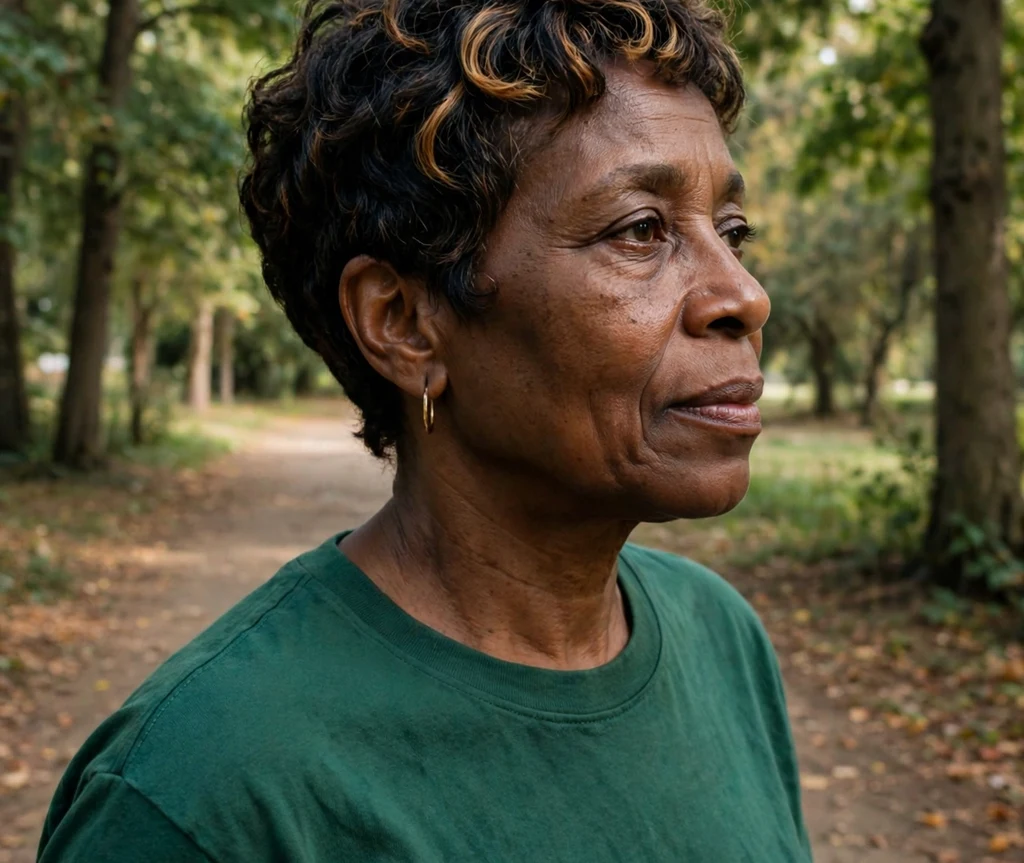 Black woman over 50 with a short curly pixie with highlights