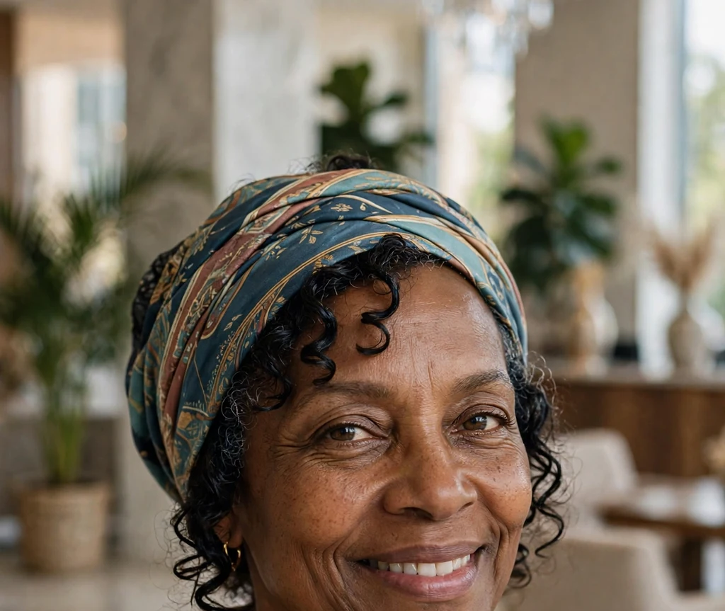 Black woman over 50 with an elegant short wrap hairstyle