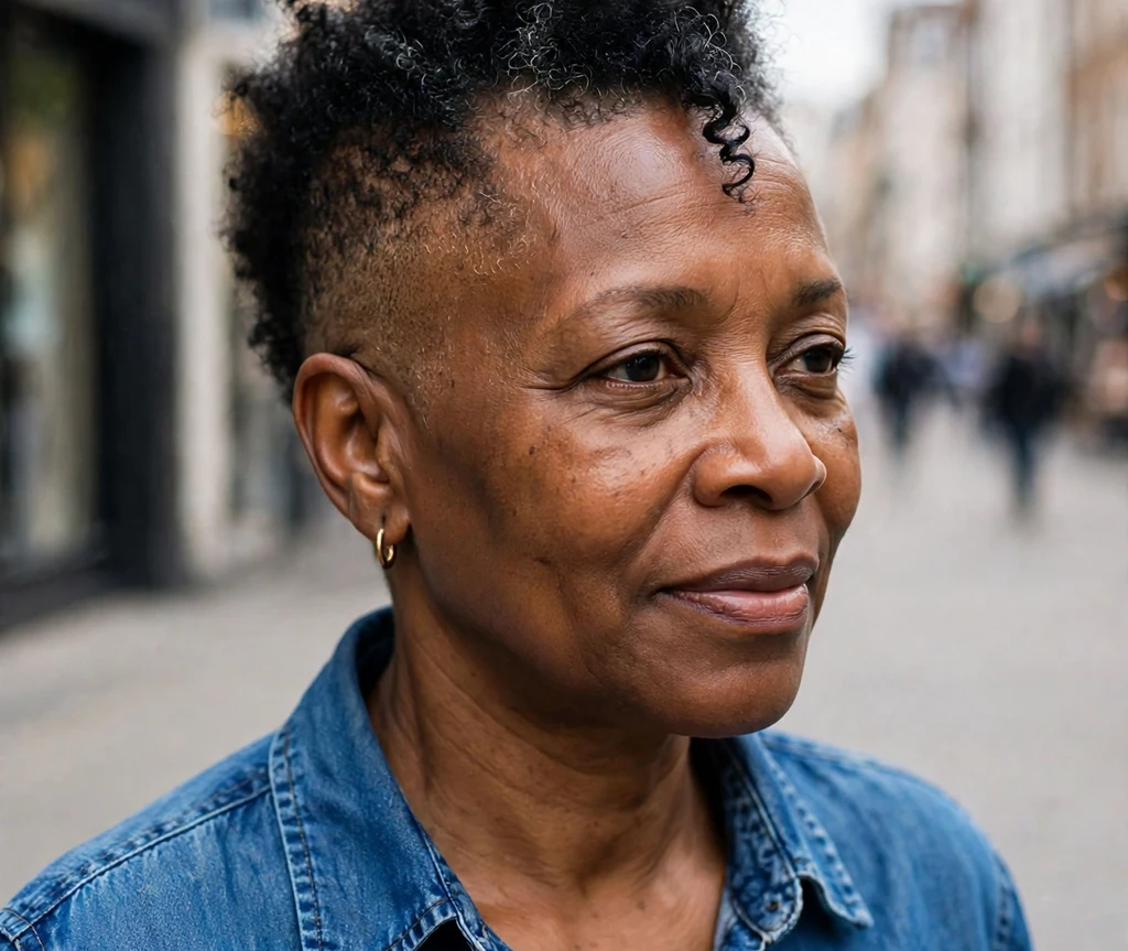 Black woman over 50 with a tapered frohawk