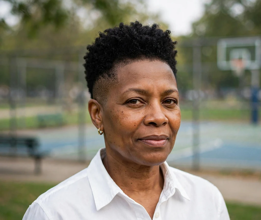 Black woman over 50 with a tapered frohawk