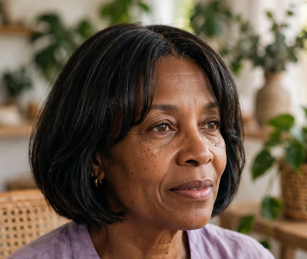 Black woman over 50 with a short bob and curtain bangs