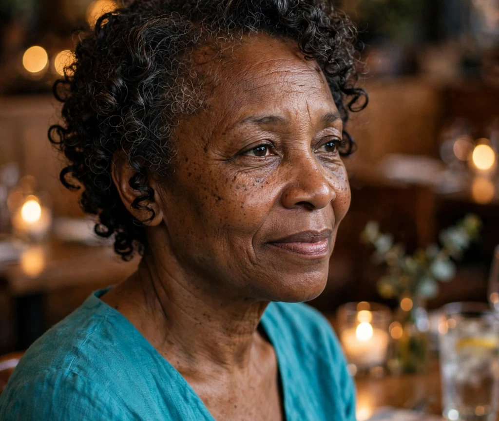 Black woman over 50 with short spiral curls