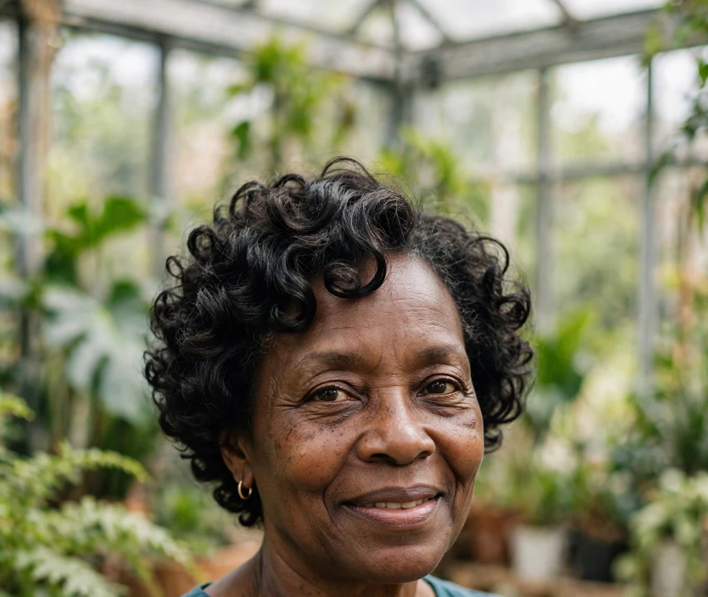 Black woman over 50 with short spiral curls