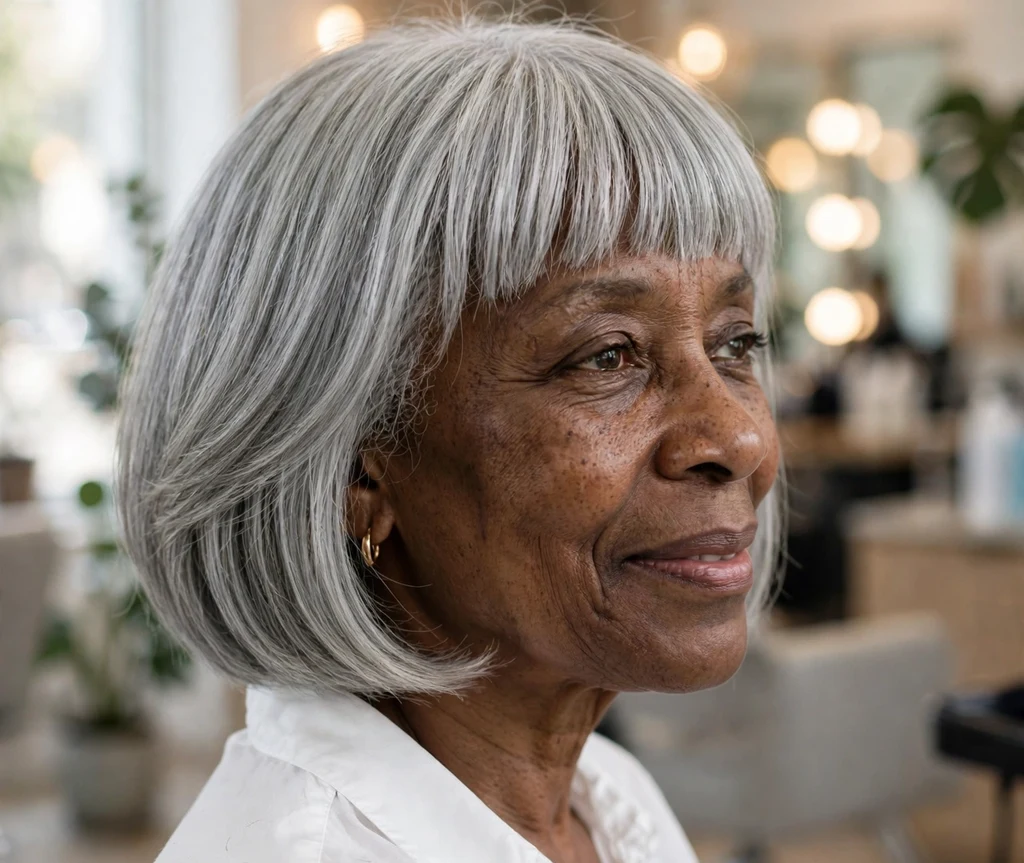 Black woman over 50 with a chic gray bob with bangs