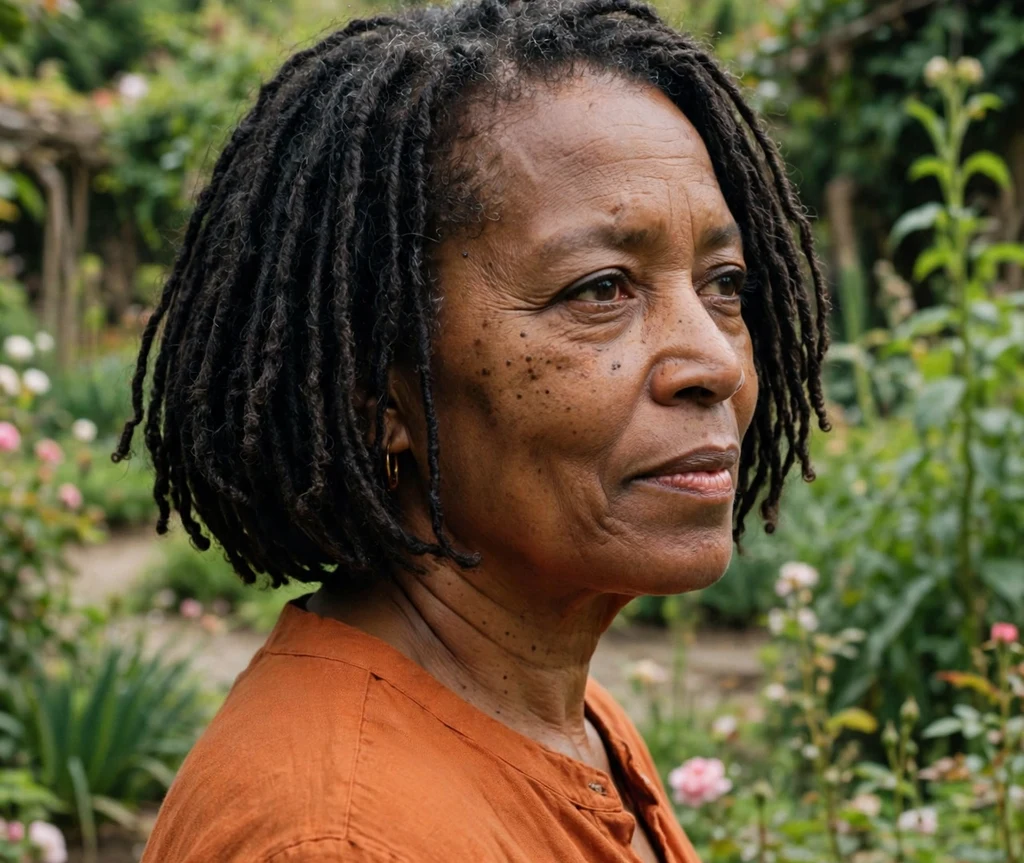 Black woman over 50 with a short faux loc bob