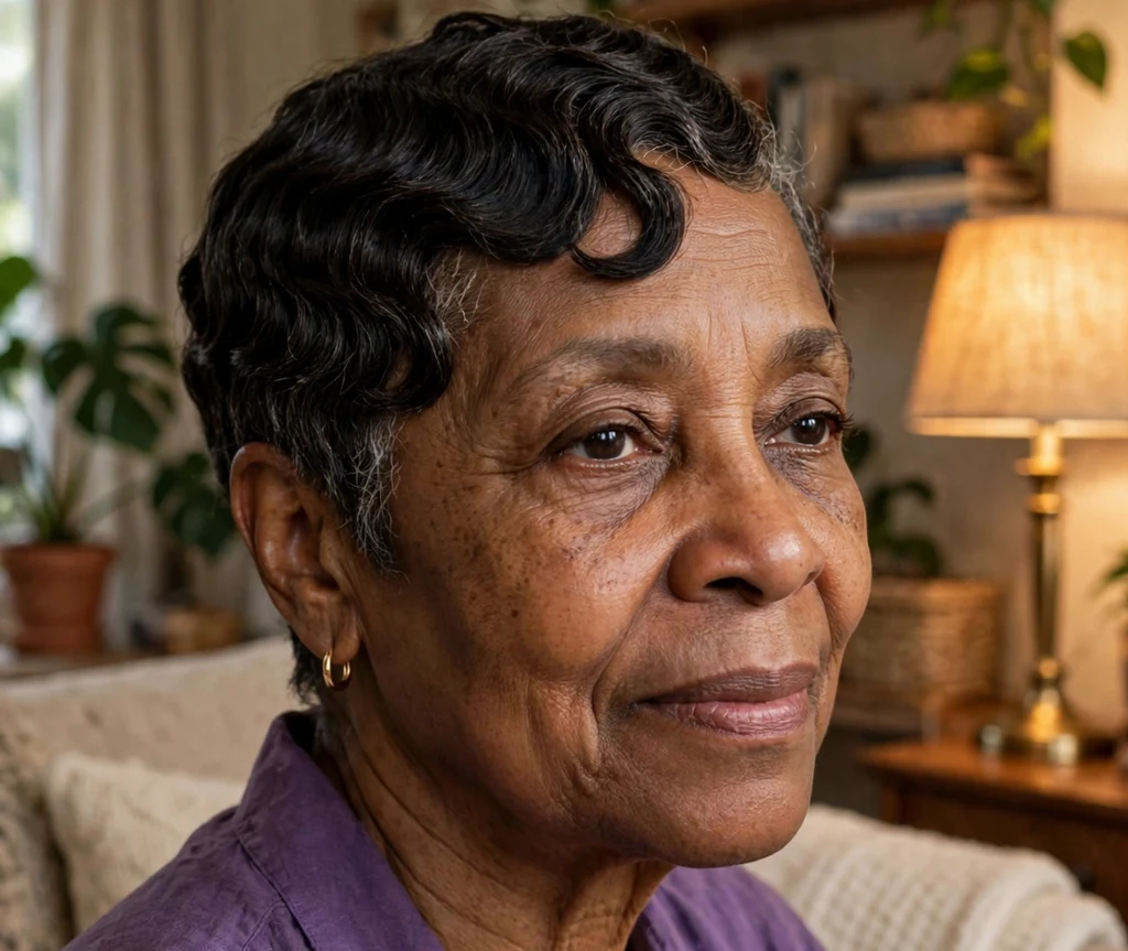 Black woman over 50 with a short pixie with finger waves