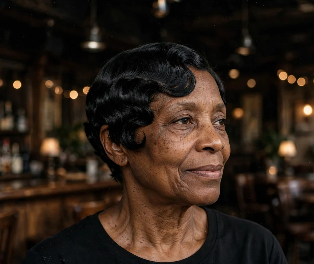 Black woman over 50 with a short pixie with finger waves