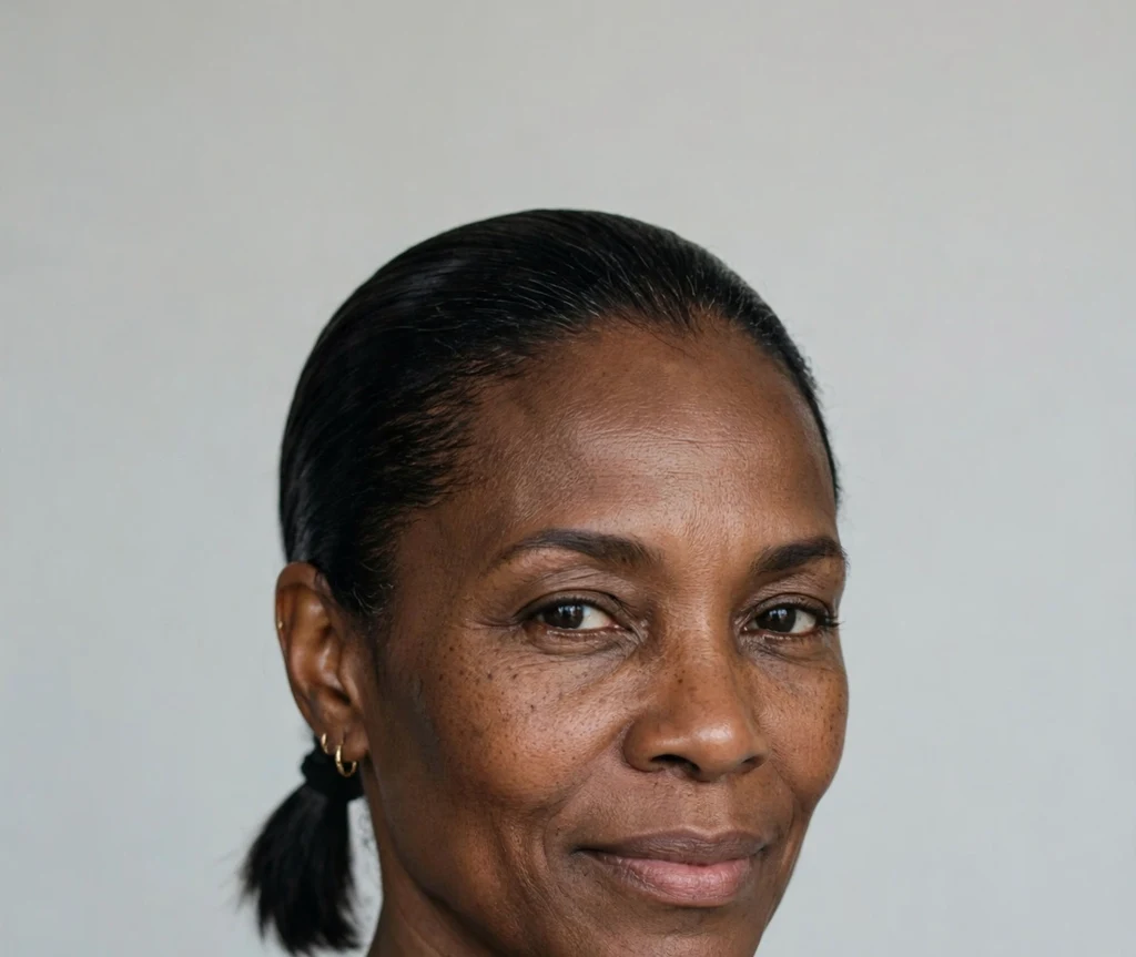 Black woman over 50 with a short sleek ponytail