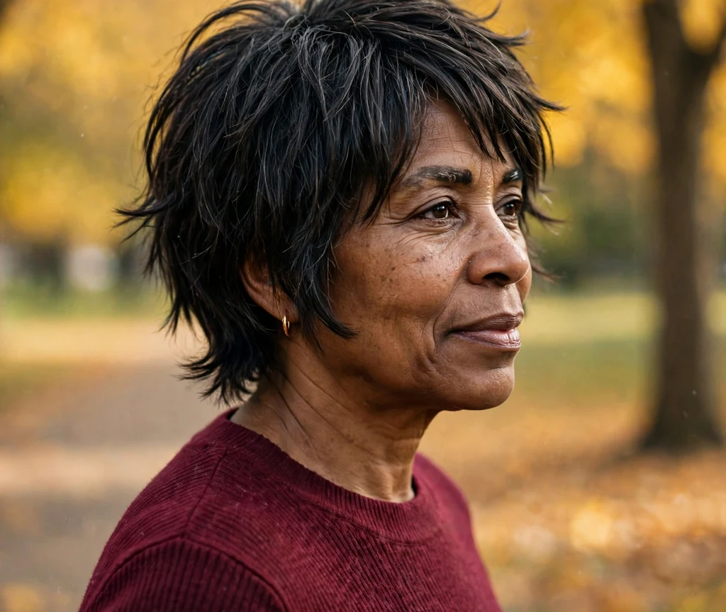 Black woman over 50 with a polished short shag