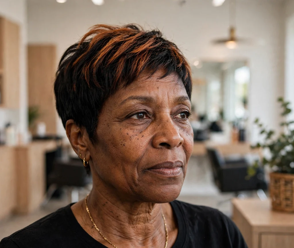Black woman over 50 with a short copper-tinted pixie