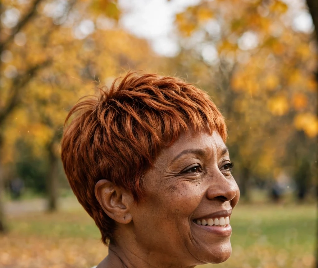Black woman over 50 with a short copper-tinted pixie