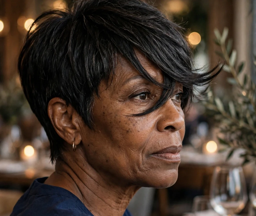 Black woman over 50 with a chic short pixie and swoop bangs