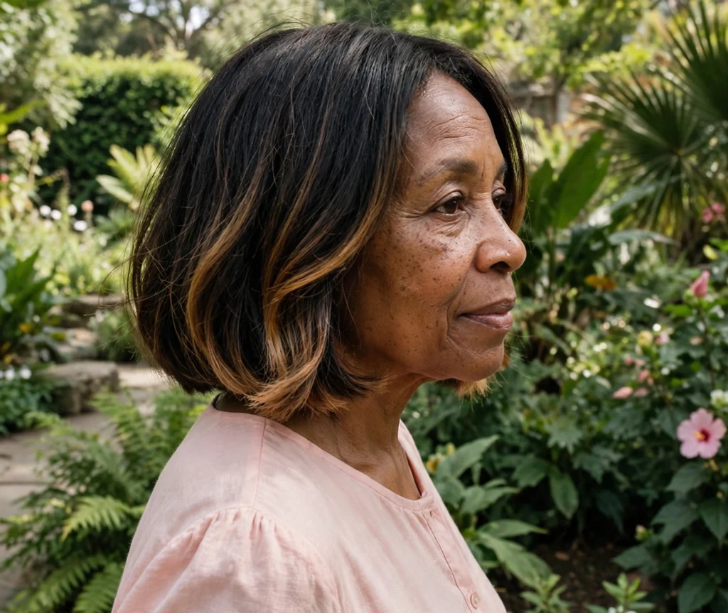 Black woman over 50 with a short bob with subtle balayage